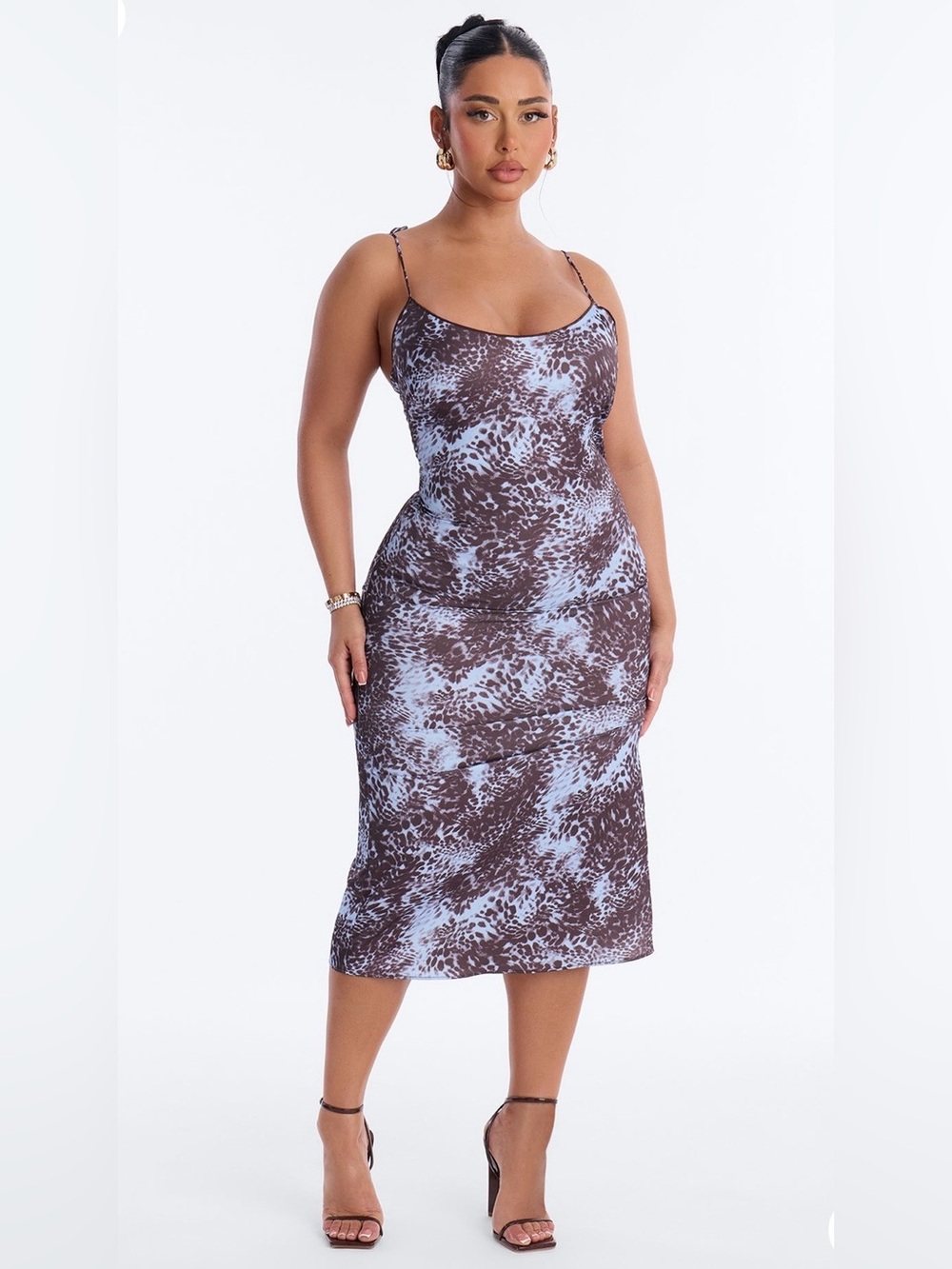 New w Tag! Brown & Light Blue Animal Print Slip Dress